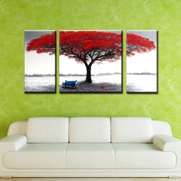Yhhp Hand Painted Oil Painting Abstract Red Tree 3 Piece/Set Wall Art with Stretched Framed Ready To Hang