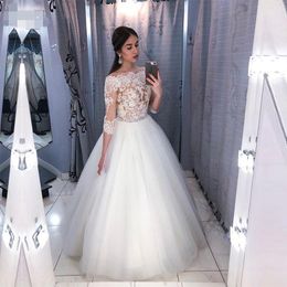 New 2020 Elegant Sexy sheer 3/4 Sleeve Lace Tulle Ball Gown Wedding Dress bateau Bridal Gown Celebrity vestido De Noiva robe de mariee