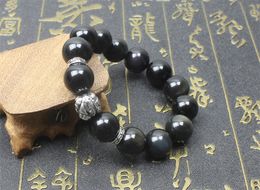 Wholesale-2019 Natural Obsidian Tibetan silver Brave troops Buddha beads black men bracelet