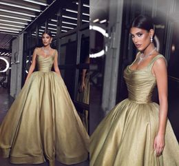 2019 Gold Square Neck Evening Dresses Floor Length Prom Party Gown Ruched Ball Gown Formal Occasion Dresses1856