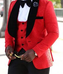 Fashion Jacquard Groom Tuxedos Red/White/Black Groomsmen Wedding Dress Excellent Man Jacket Blazer 3 Piece Suit(Jacket+Pants+Vest+Tie) 56