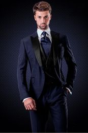 Fashion Navy Blue Slim Fit Groom Tuxedos Excellent Groomsman Wedding Dress Men Formal Business Prom Party Suit(Jacket+Pants+Tie+Vest) 2086