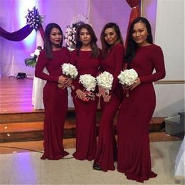 Dark Red Long Sleeves Cheap Simple Mermaid Bridesmaid Dresses Long Sleeves Floor Length Wedding Guest Dress Maid Of Honour Gowns