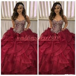 Sweet 16 Ruffle Crystal Beads Quinceanera Dresses Ball Tiers 2019 Organza Plus Size Long Girl Prom Party Dress Formal Gowns Sweep Length