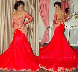 Off Shoulder Long Sleeves Dresses Evening Wear Plus Size Gold Lace Red Satin Arabic African Prom Formal Dress Long Party Cheap