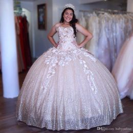 Sweet 15 Sparkly Ball Gown Quinceanera Dresses Sweetheart Appliques Handmade Flowers Big Bow Back Long Evening Prom Gowns Pageant Dress
