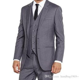 Latest Design Two Button Grey Groom Tuxedos Notch Lapel Man Business Suits Mens Wedding Party Clothes Suits (Jacket+Pants+Vest+Tie) D:293