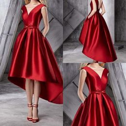 Stunning Backless Dark Red Prom Dress Hi Lo Satin Prom Dress with Pockets Royal Blue/black Party Dress