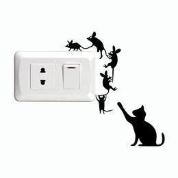 Cat-96 Creative Cat Catch Mice Switch Sticker Funny Cartoon Animal Vinyl Wall Stickers