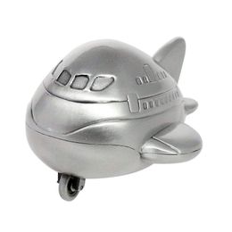 Cute Mini Aeroplane Piggy Bank Money Box with Rolled Wheel Vintage Tin Coloured Metal Coin Saving Pot Novelty Birthday Gift for Kids