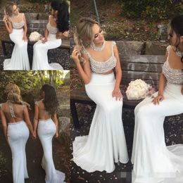 Beaded Two Piece Bridesmaid Dresses Mermaid Chiffon Illusion Back Long Maid Of Honor Gown Custom Made Jewel Neck Formal Evening Wear 403 403