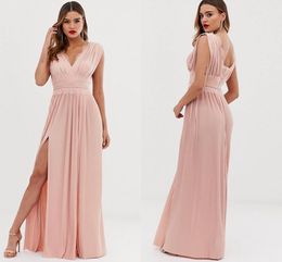 2022 Blush Pink Lace Pleated Formal Evening Dress V-neck Chiffon Split Plus Size Long Prom Maxi Bridesmaid Dresses Custom Made