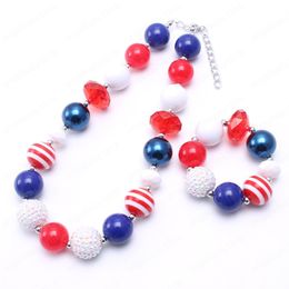 Cute Design Girls Chunky Beads Necklace Bracelets Set Fashion Baby Kids Child Chunky Bead Jewellery Set For Forth July