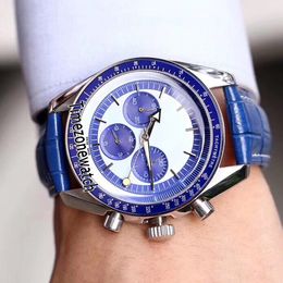 New Moonwatch 311.33.40.30.02.001 Miyota OS Quartz Chronograph Mens Watch Blue Bezel White Dial Stopwawtch Blue Leather Timezonewatch E67a1