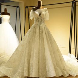 Luxo Beading Lace A Line Wedding Dress Abra Lace up Voltar manga curta apliques vestido de casamento Real Photo Bride Dress