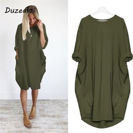 2018 Hot Sale Autumn Winter Womens Fashion Pocket Loose Dress Ladies Solid Crew Neck Casual Long Tops Dress Plus Size Vestido