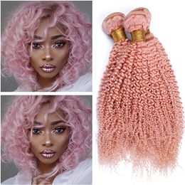 Light Pink Kinky Curly Virgin Peruvian Human Hair Bundles 3Pcs Mixed Length Coloured Pink Curly Human Hair Weave Extensions Doube Wefted