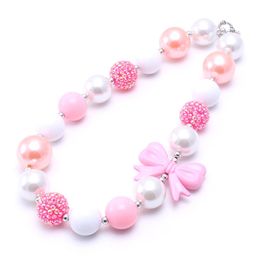 Pretty Pink Colour Bow Kid Chunky Necklace Fashion DIY Made Bubblegum Bead Chunky Necklace Children Jewellery For Toddler Girls