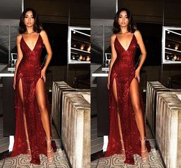 Burgundy Sequined Sexy Split Dresses Evening Wear Deep V-neck Open Back Cheap Dress Party For Special Occasion Women Prom Formal Gowns Long