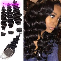 Brazilian Virgin Human Hair 3 Bundles With 4X4 Lace Closure Loose Deep 4 Pieces One Set Deep Loose Curly Natural Color 8-28inch