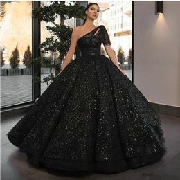 2020 Sparkly Glitter Sequin Prom Dresses One Shoulder Black Ball Gown Beads Evening Gowns Vestido de fiesta Formal Party Dress