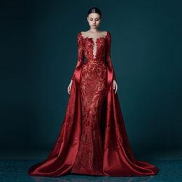 Gorgeous Red A-line Evening Prom Dress Long Sleeves Lace Backless Illusion Maxi Gowns Custom Made High Waist Vestido de Festa Sexual Dresses