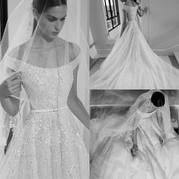 2020 Modest ELIE SAAB Elegant A Line Wedding Dresses Off Shoulder Sleeveless Sash Sequins Wedding Gowns Sweep Train robe de mariée