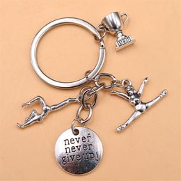 Never Give up Glamour Gymnastics Girl & Trophy Creative Metal Inspirational Keychain