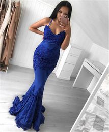 2019 New Blue Mermaid Dresses Evening Sweetheart Spaghetti Strap Appliques Elastic Satin Long Formal Prom Dress Cheap Women Gowns