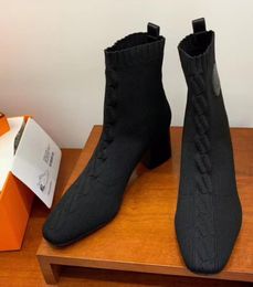 Hot Sale-womens REAL LEATHER with Dark Navy black knit stretch Fabric sock booties pull on high heels Square Toes ankle boots