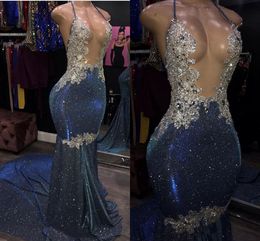 Sexy Mermaid Prom Dresses Expensive Bling Sequins Satin Applique Beaded Halter V Open Back Black Girls Evening African Party Dress Long