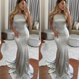 Sexy Silver Mermaid Prom Dresses Sexy Halter Satin Sequins Dresses Evening Wear Cocktail Party Gowns For Graduation