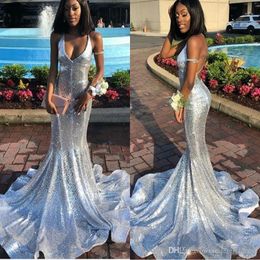 Sexy Sliver Black Girls Sequined Mermaid Prom Dresses Deep V Neck Open Back Sweep Strain Formal Dress Evening Wear Party Gowns ogstuff