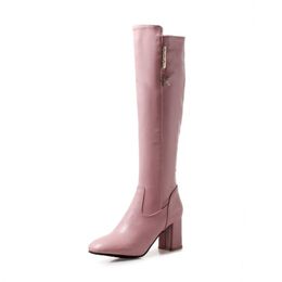 Sweet Pink Women Knee High Boots Casual Square High Heels Casual Boots New Autumn Black Green Winter Shoes Woman
