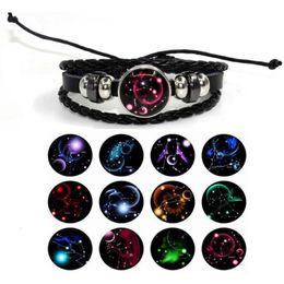 12 Constellations luminous Bracelet Handmade leather starry sky bracelets Zodiac Glass Charm Bracelet Christmas present Free TNT Fedex