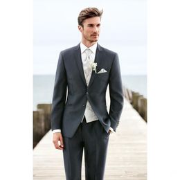 New High Quality Two Button Dark Grey Groom Tuxedos Peak Lapel Groomsmen Best Man Suits Mens Wedding Suits (Jacket+Pants+Vest+Tie) 877