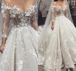 Illusion Top 3D Floral Lace Appliques A Line Wedding Dresses 2021 Arabic Long Sleeves Chapel Train Bridal Gowns Plus Size Vestidos AL2866