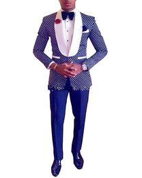 Newest One Button Blue Polka Dot Wedding Groom Tuxedos Shawl Lapel Groomsmen Mens Dinner Blazer Suits (Jacket+Pants+Tie) 257