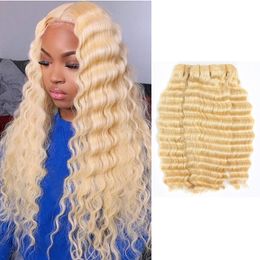 -Blonde tres paquetes profundamente rizado Extensiones de cabello humano peruano del pelo de la onda profunda 10-28inch Vrigin Cabello 613 # color Nuevos Productos