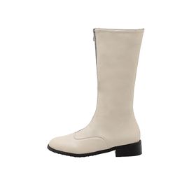 Hot Sale-New Comfortable Black White Women Mid Calf Boots Nude Med Heels Lady Shoes