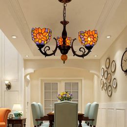 Tiffany stained glass lamp blue sun flower three-headed chandelier bedroom dining room decor pendant lighting TF007