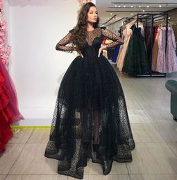 Stylish Sequined Long Sleeves Prom Dresses Sheer Jewel Neck A Line Formal Dress Plus Size Tulle Floor Length Evening Gowns