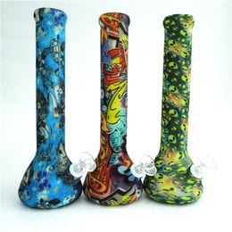 Silicone Bong Pipes Smoking Pipe Glow In The Dark Pipe Beaker Base 13.5 Inch Unbreable Water Pipe Printing With Glass Bowl