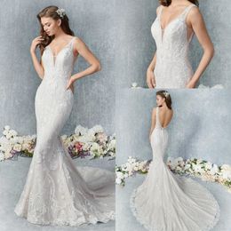 Sexy Mermaid Kenneth Winston Wedding Dresses V Neck Sleeveless Tulle Lace Applique Backless Wedding Gown Sweep Train robe de mariée