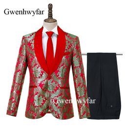 Gwenhwyfar 2020 New Designed Red Men suits Slim Fit Horn Jacquard Tuxedos Groom Best Wedding Party Prom Suit sets (Blazer+Pants)