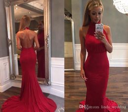 2019 Cheap Sexy Backless Red Prom Dress Mermaid Halter Neck Sleeveless Long Formal Holidays Evening Party Gown Custom Made Plus Size