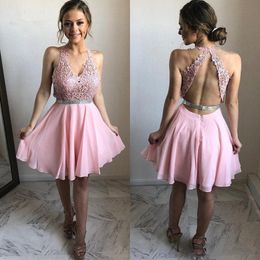 chiffon homecoming dresses Canada - Pink V Neck Lace Homecoming Dresses with Sash Sexy Backless Cocktail Party Gowns Short Chiffon A Line Dress