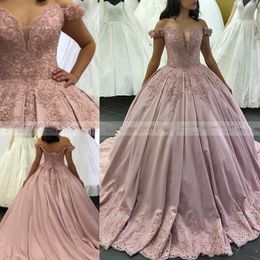 Dusky Pink Appliques Satin Prom Dresses Off Shoulder Beading Ruched Quinceanera Dress Ball Gown Lace Up Back Formal Party Gowns Evening