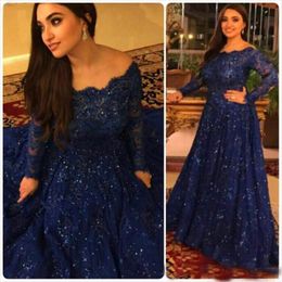 Sparkly Evening Dresses 2019 Cheap Long Sleeves Beads Crystals Ruffled Sweep Train Plus Size Arabic Dresses Navy Blue Lace Formal Prom Gowns