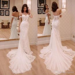 Sexy White New Mermaid Lace Wedding Dresses Modern Off Shoulder Sleeveless Appliques Sweep Train Vestidos De Novia Bridal Gowns